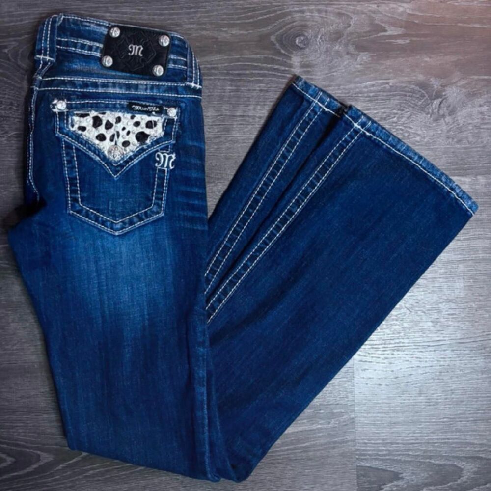 Y2K low rise Miss Me Jeans Size 27 Dark Wash Bootcut Cowhide Rhinestone Bling